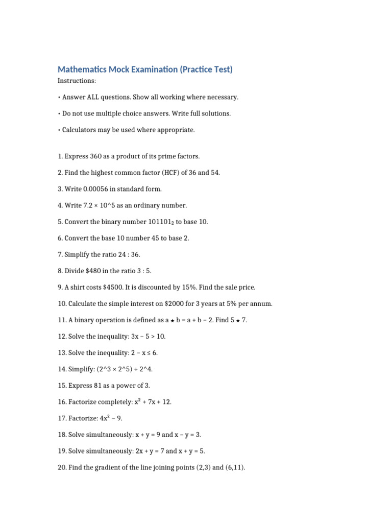 Math Mock Exam Practice Test | PDF | Matrix (Mathematics) | Area