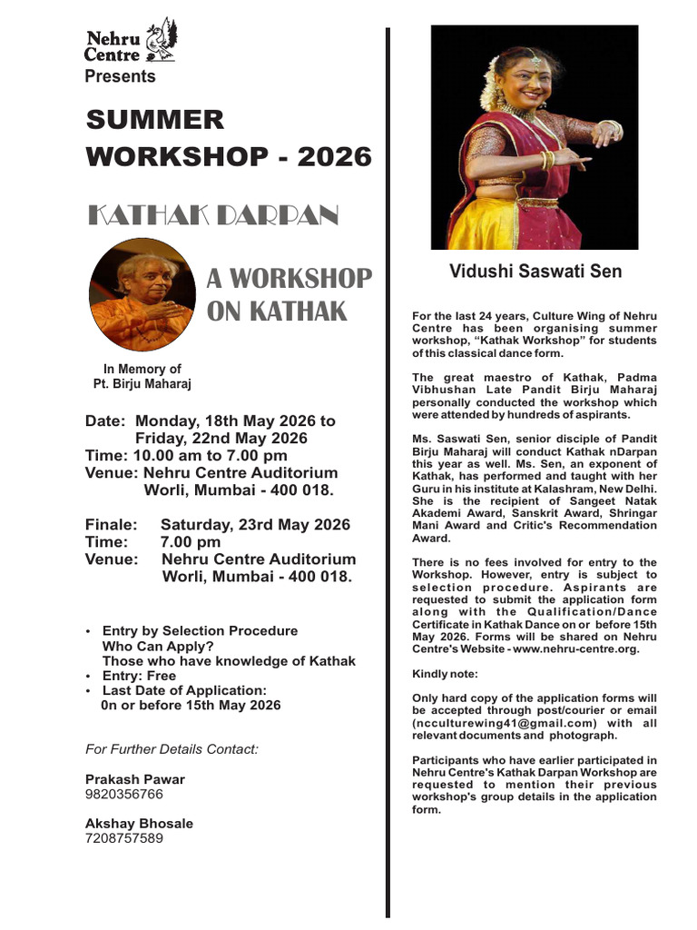 Summer Workshops 2026 Kathak Workshop Final | PDF