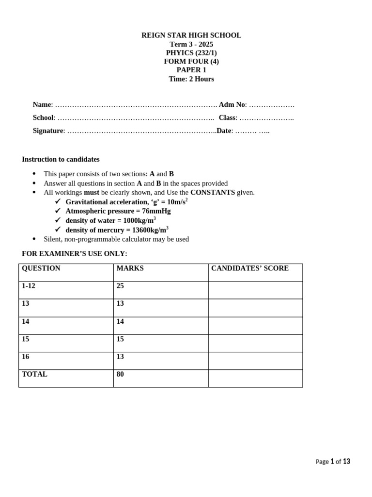 REIGNSTAR HIGH SCHOOL PHY PAPER 1 2026 | PDF | Velocity | Gases