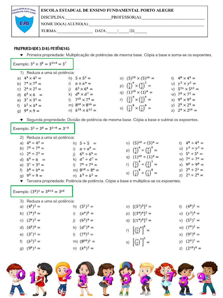 PROPRIEDADES 1.2.3 DE POTENCIA E EXERCÍCIOS 6 ANO | PDF | Exponenciação ...