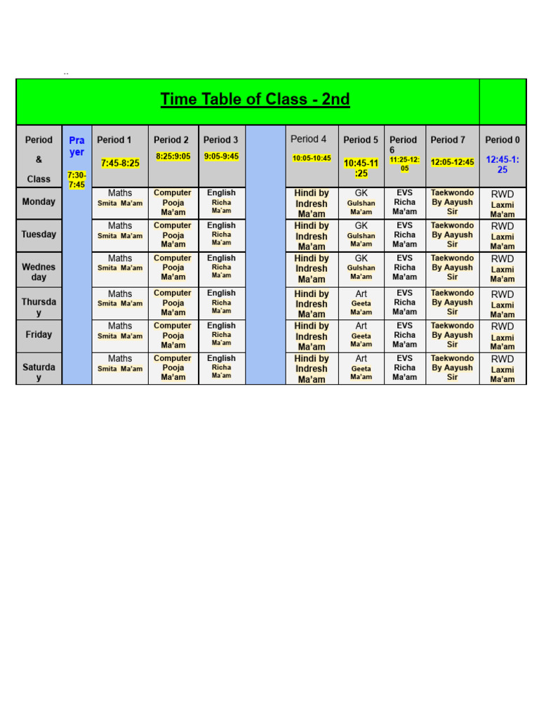 Timetable of Class-2nd | PDF