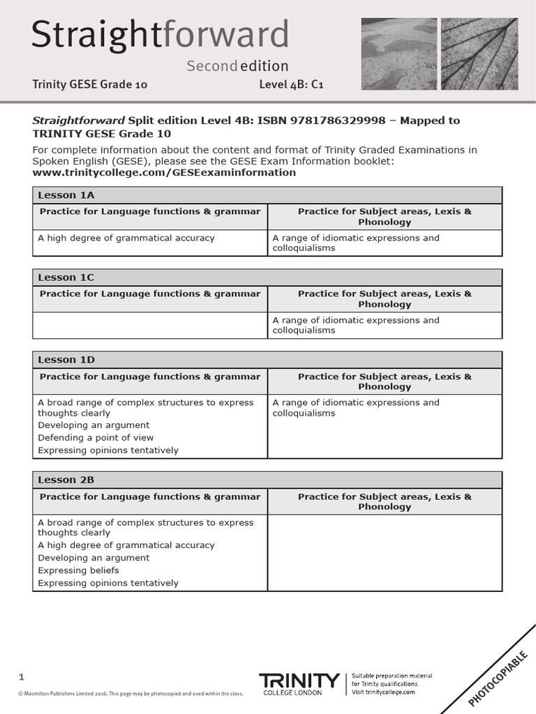 Straightforward 2ed Level 4B Mapping Trinity GESE Grade 10 (1) | PDF ...