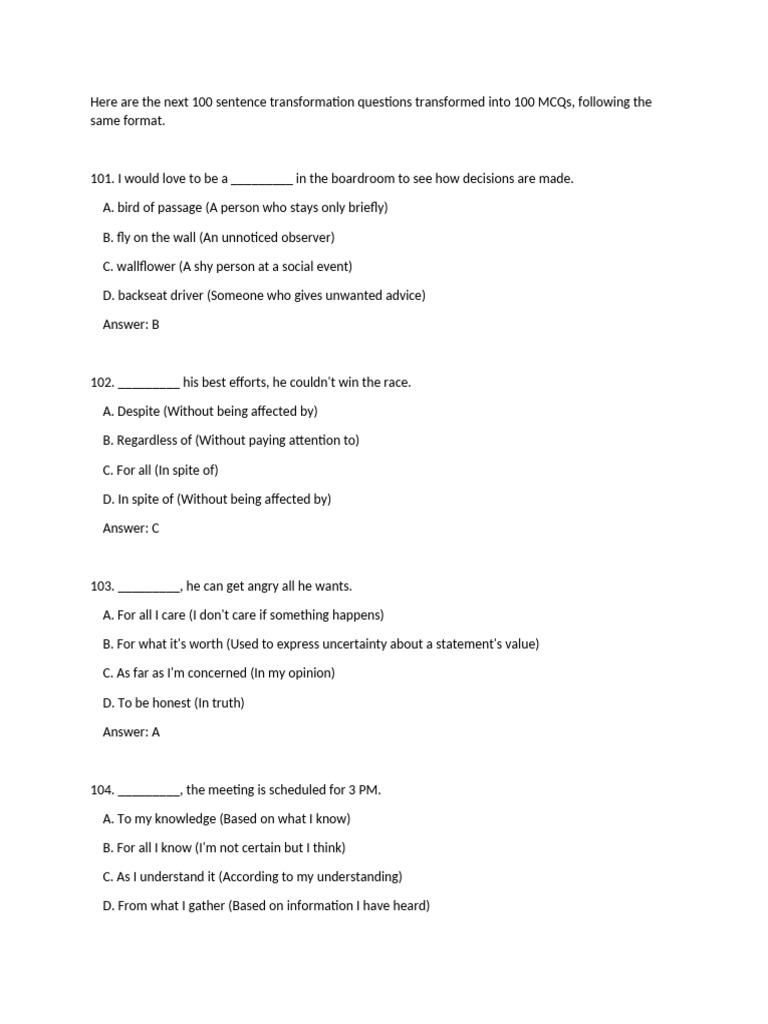Here Are the Next 100 Sentence Transformation Questions Transformed ...