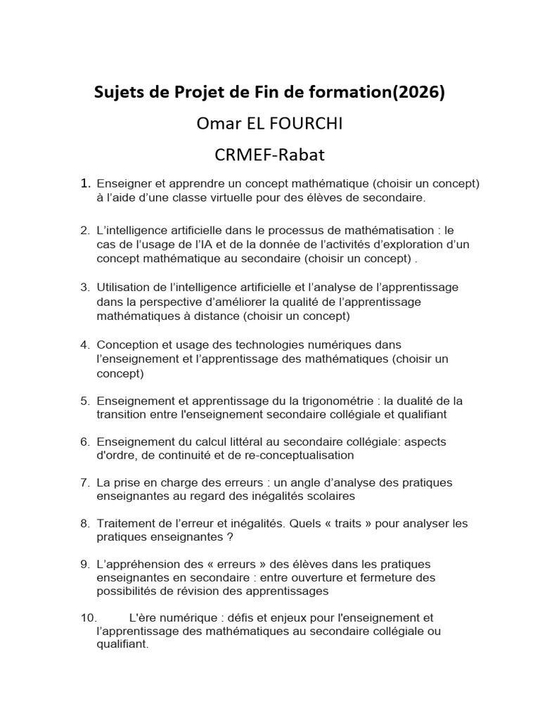 Sujets de PFE Crmef | PDF
