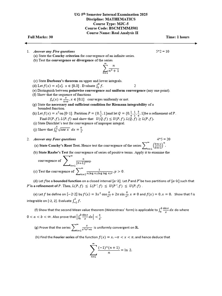 Internal 5th Sem Major Real Analysis 2025 | PDF | Real Analysis ...