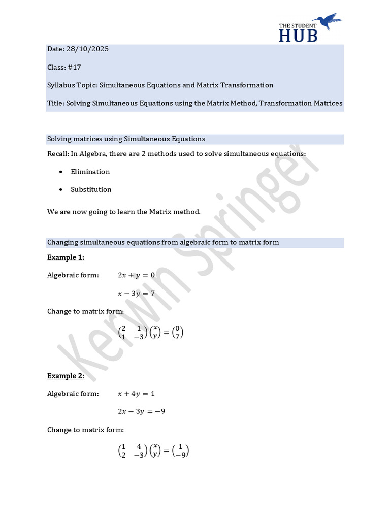 Class 17 - Matrices - Simultaneous Equations and Matrix Transformation ...
