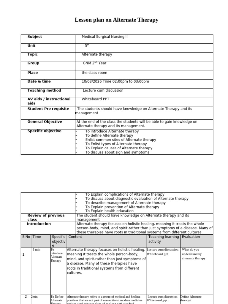 Lesson Plan Alternate Therapy | PDF | Alternative Medicine | Physical ...