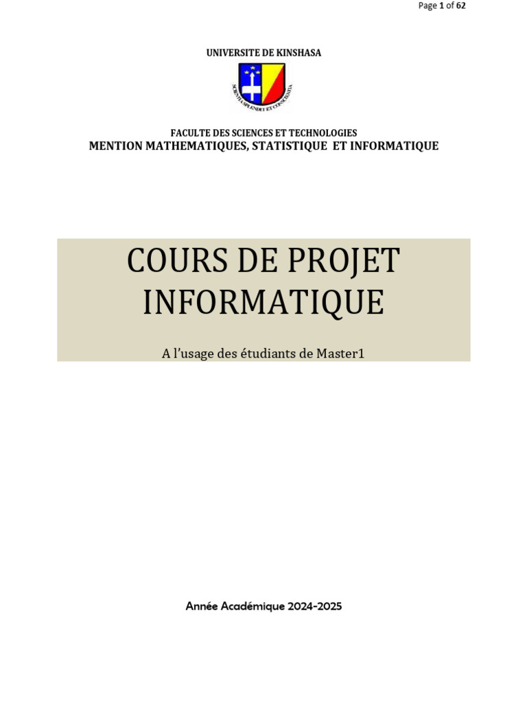 Cours Projet Informatique Master1 Unikin 2024 2025ok | PDF | Gestion de ...