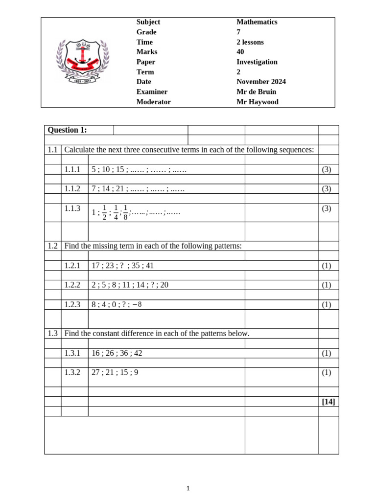 grade 7 term 2 investigation 2024. | PDF | Mathematics | Mathematical ...