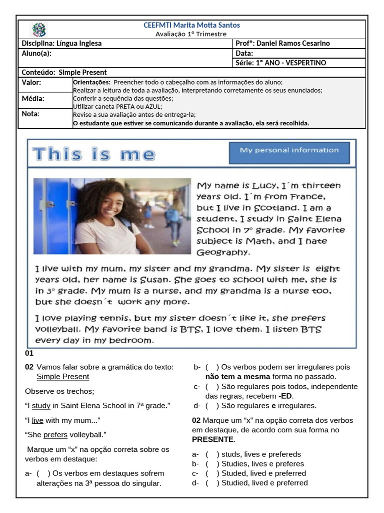 Avaliação de Inglês 1 Ano Vespertino Marita Motta | PDF | Linguística ...