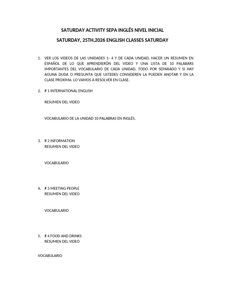 Saturday Activity Sepa Inglés Nivel Inicial | PDF