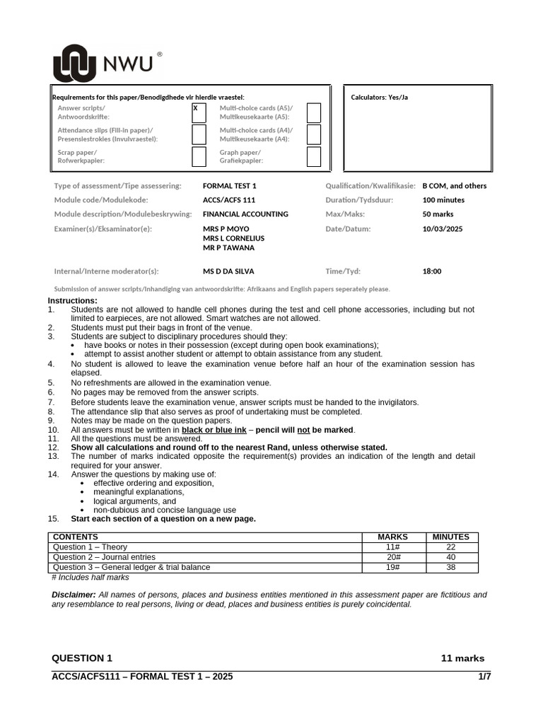 2025 ACCS111 Formal test 1 | PDF | Balance Sheet | Financial Statement