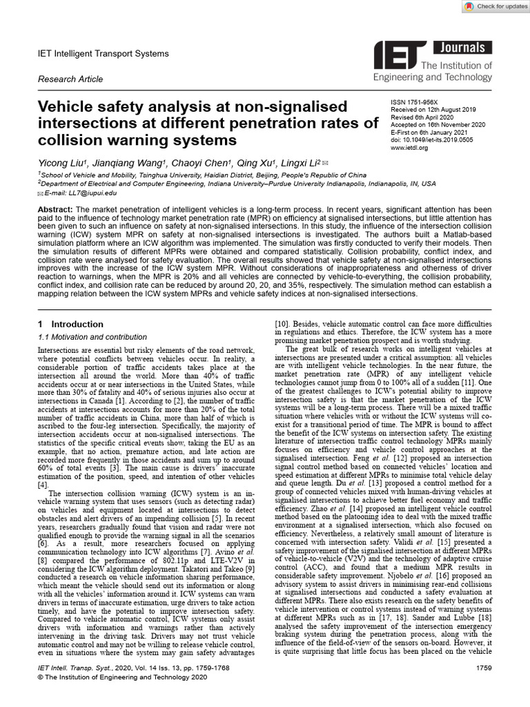 Vehicle safety analysis at non-signalised intersections at different ...