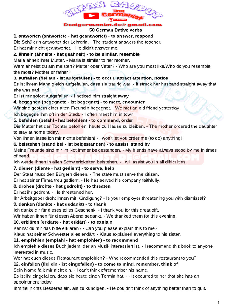 50 German Dative Verbs List by Irfan Rajput | PDF