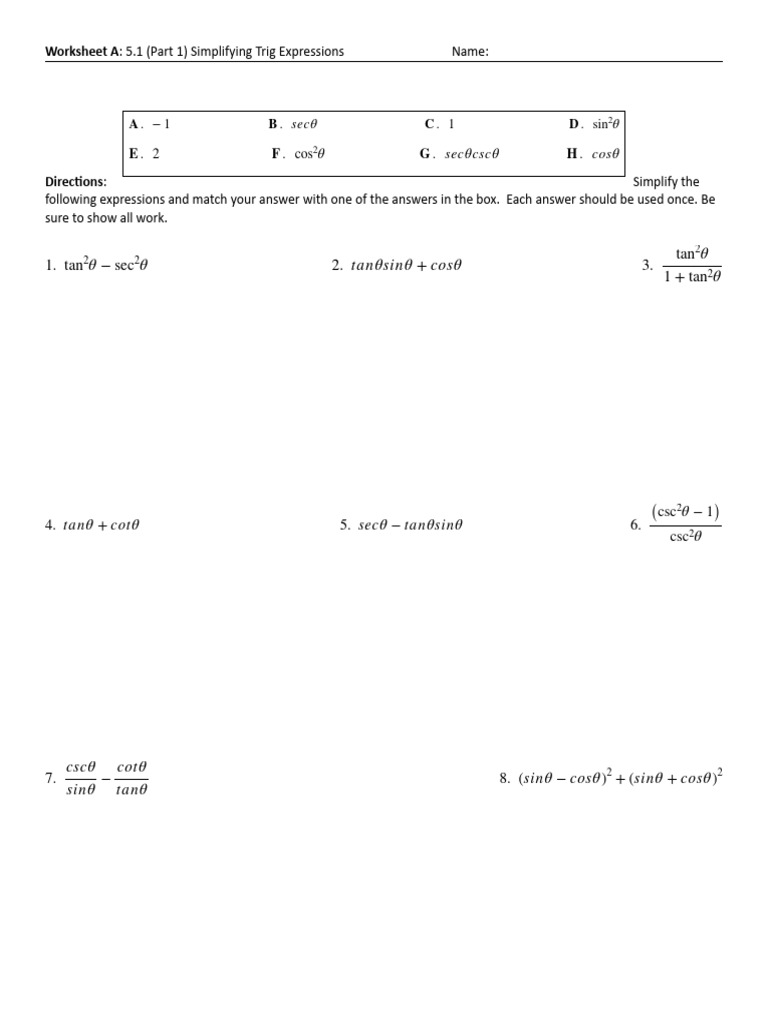 Worksheet a 5.1 Part 1 Simplifying Trig Expressions | PDF