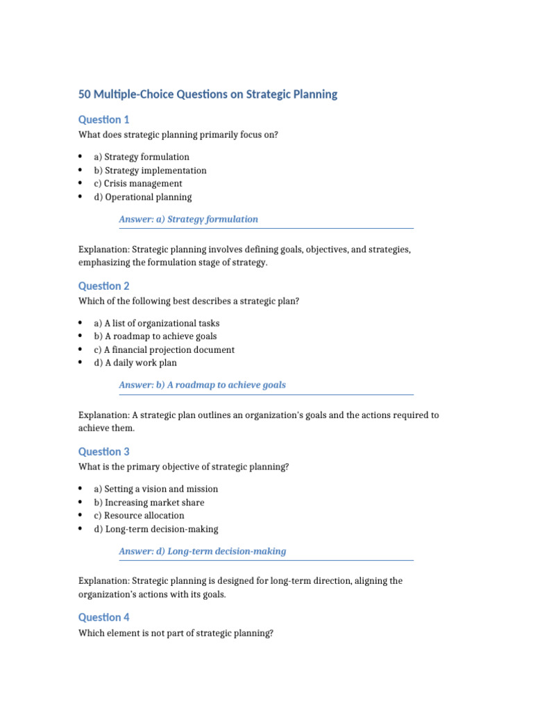 50 Multiple Choice Questions Strategic Planning | PDF