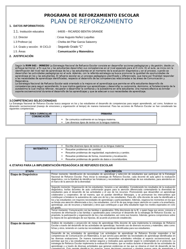 Plan de Refuerzo Escolar 2025 Por Arreglar | PDF | Aprendizaje | Evaluación