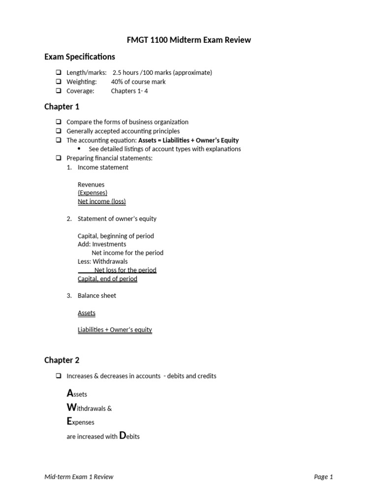 1100 Mid-Term Exam Study Checklist | PDF | Debits And Credits | Expense