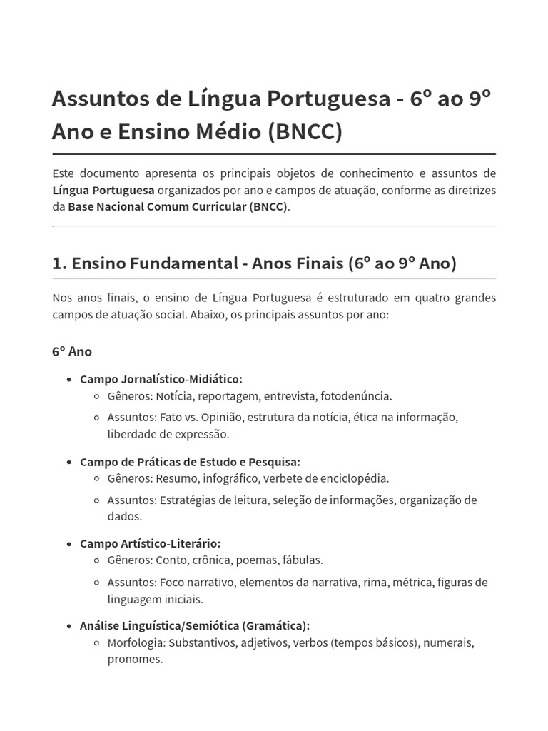 Assuntos Lingua Portuguesa BNCC | PDF | Linguística | Poesia