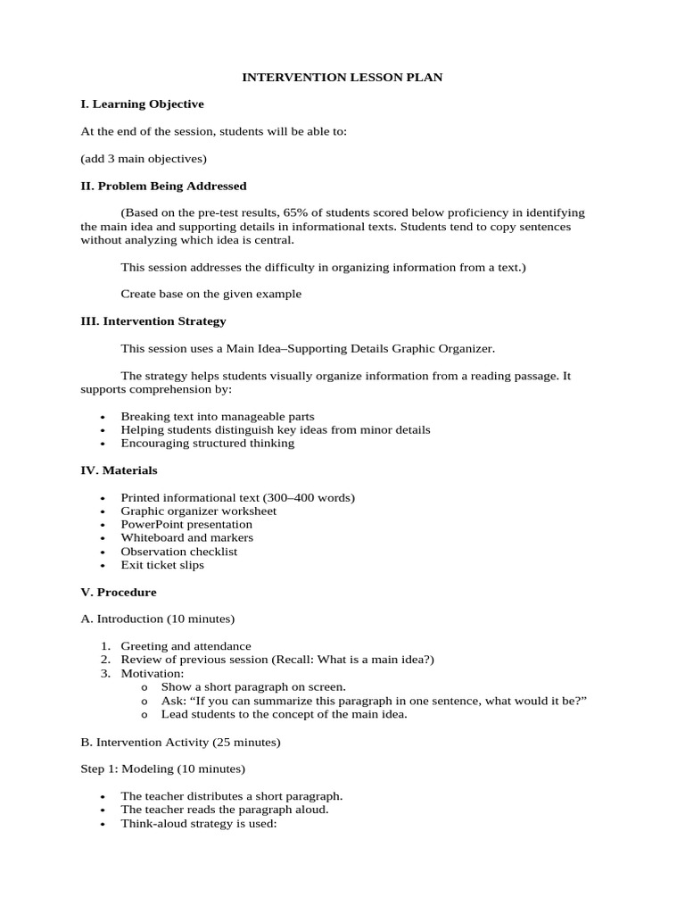 Intervention Lesson Plan | PDF | Reading Comprehension | Human ...