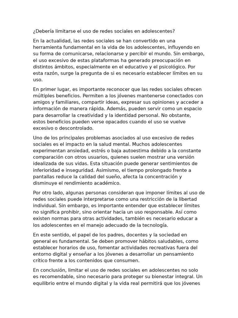 Debería Limitarse El Uso de Redes Sociales en Adolescentes | PDF