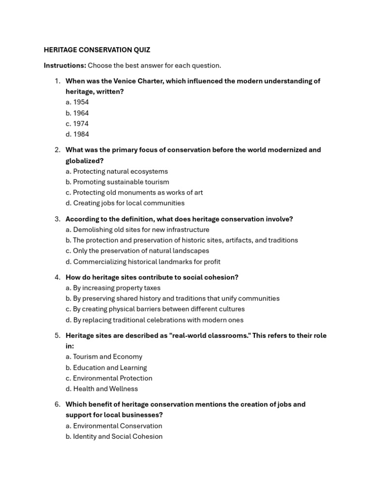 Heritage Conservation Quiz | PDF | Historic Preservation | Natural ...