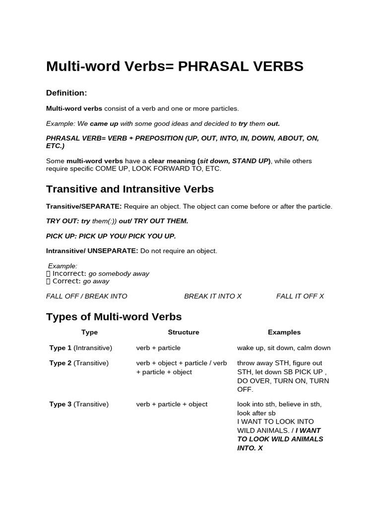 Multi-word Verbs= Phrasal Verbs | PDF | Verb | Object (Grammar)