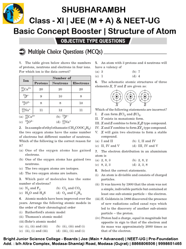 SHUBHARAMBH Class XI Chemistry Structure of Atom Sheet | PDF | Atoms ...