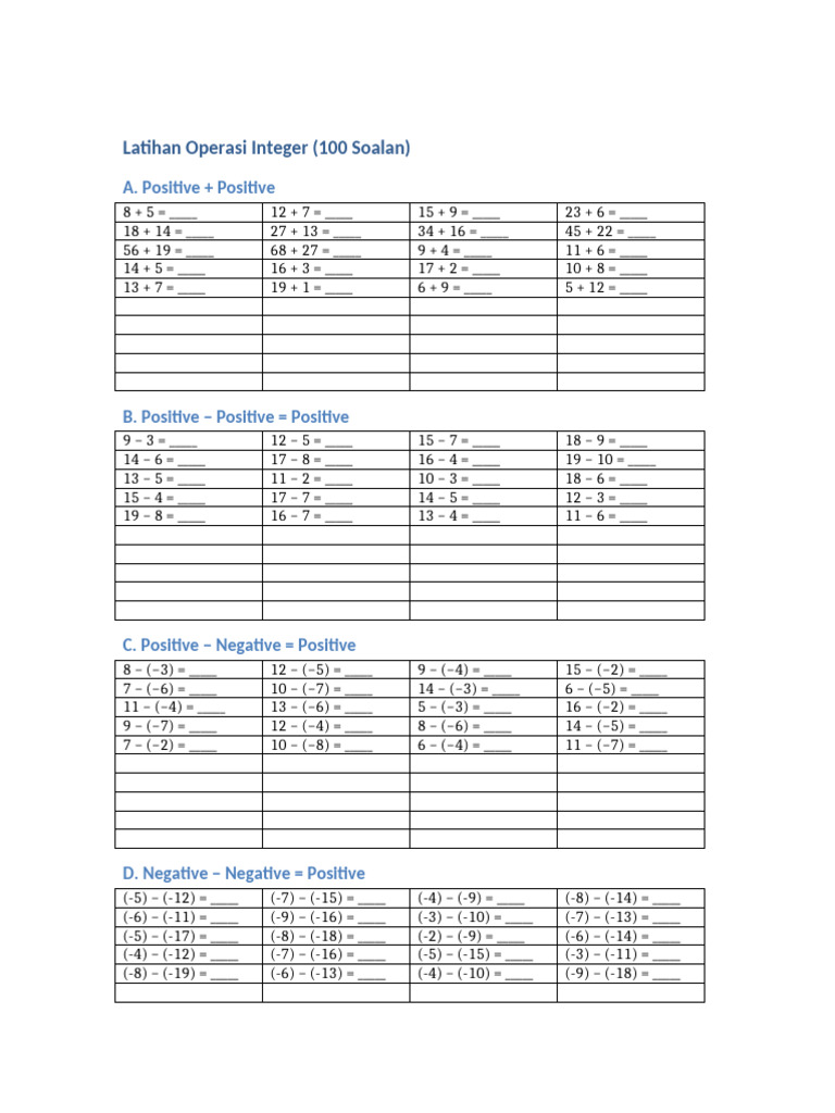 Latihan Operasi Integer 100 Soalan | PDF