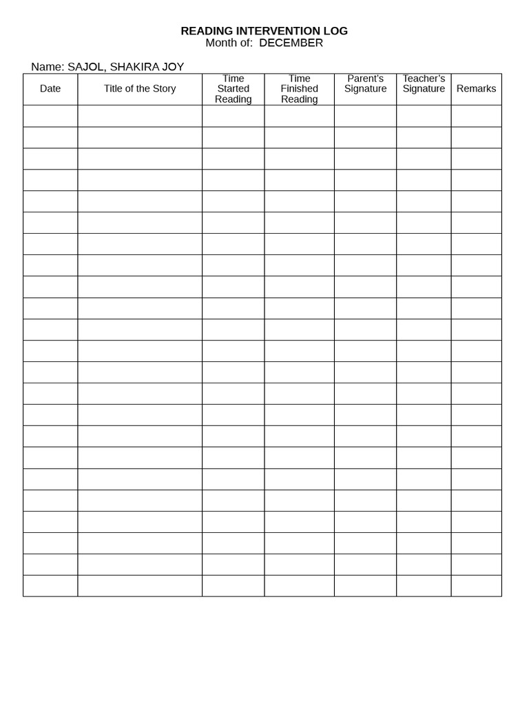 Reading Intervention Log | PDF