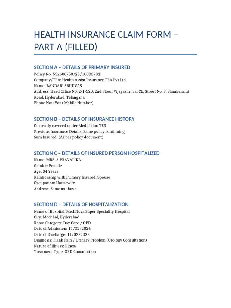 Health Insurance Claim Form Filled | PDF