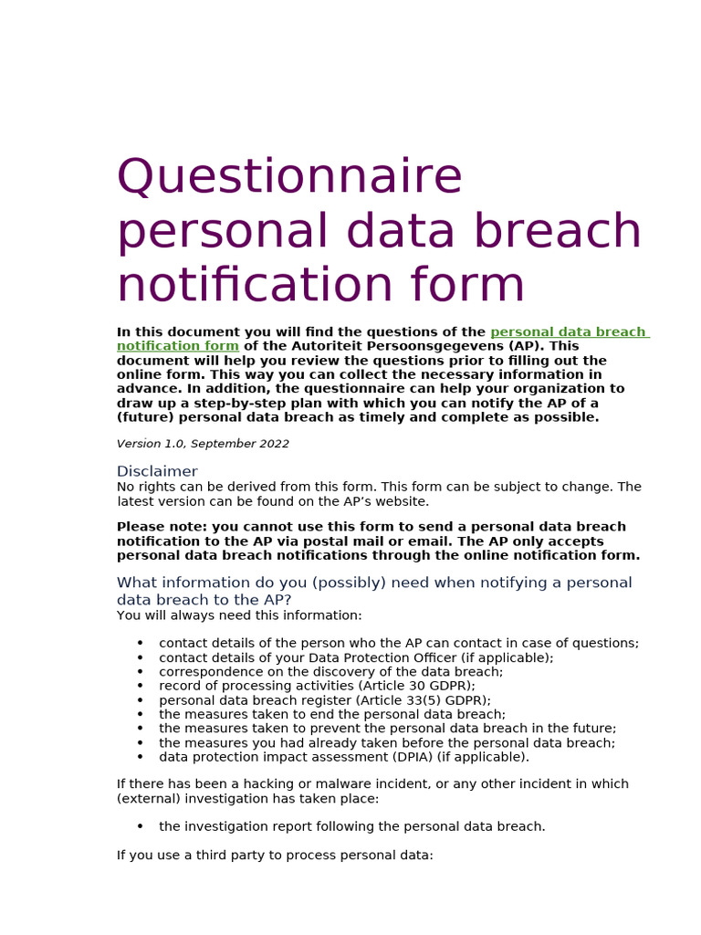 Questionnaire Personal Data Breach Notification Form | PDF | Cybercrime ...