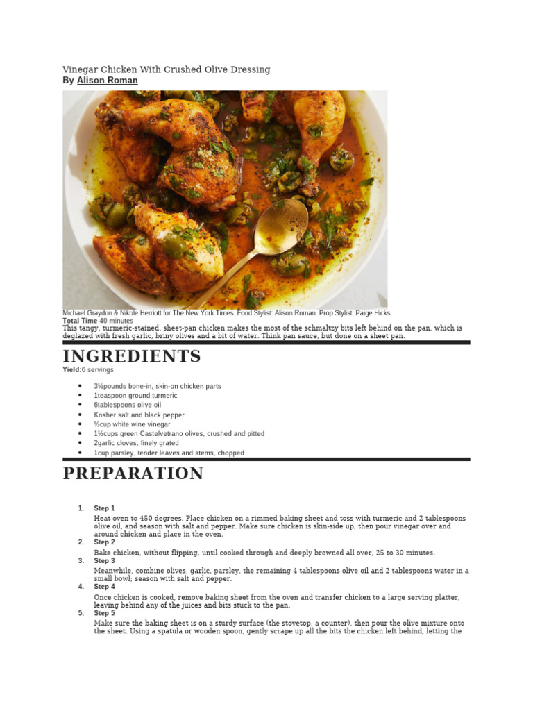 Vinegar Chicken With Crushed Olive Dressing | PDF