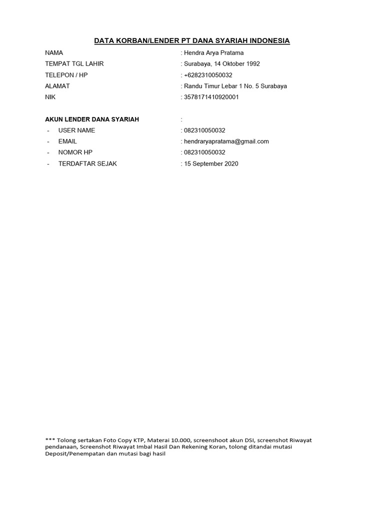 Form Data Lender Dsi | PDF