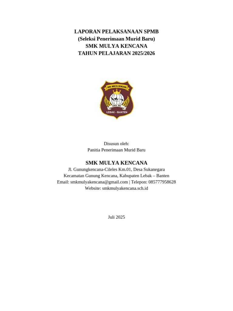 Cover Laporan SPMB SMK Mulya Kencana 2025 | PDF