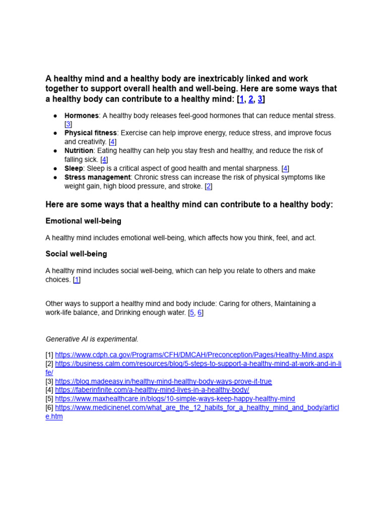 Explain How a Healthy Mind Lives in a Healthy Body | PDF
