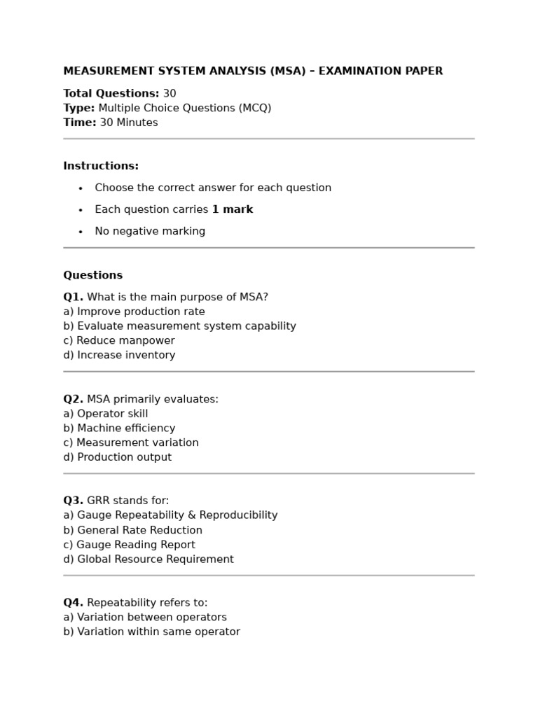 Measurement System Analysis Exam Paper | PDF | Accuracy And Precision