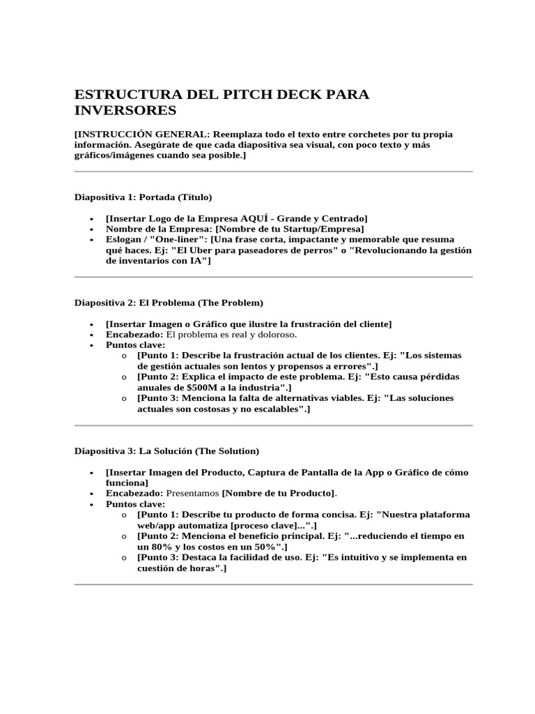 Estructura Del Pitch Deck Para Inversores | PDF | Mercado (economía ...