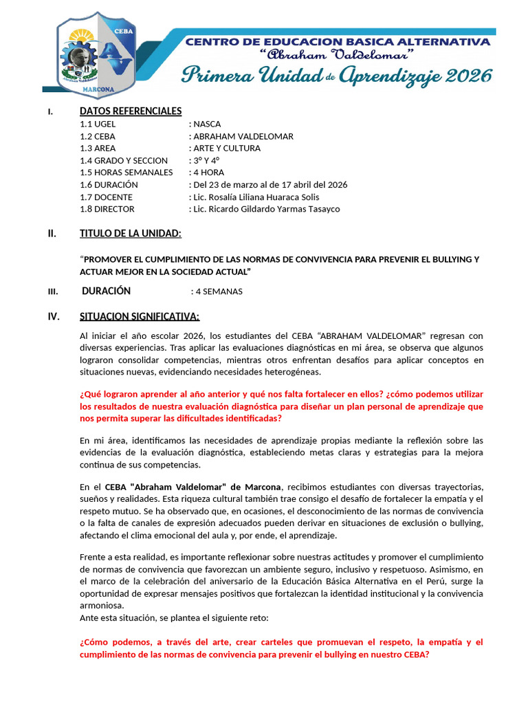 Unidad de Aprendizaje #1 - Arte y Cultura 3° y 4° Av 2025 | PDF ...