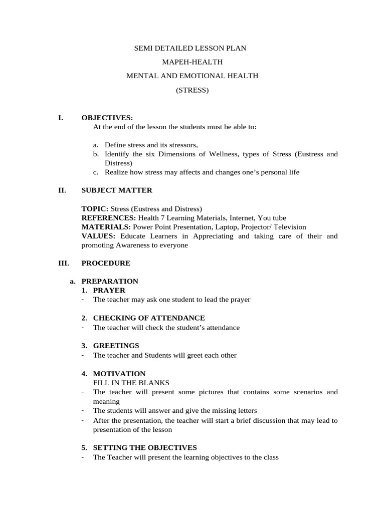 Semi Detailed Lesson Plan | PDF | Stress (Biology) | Mental Health