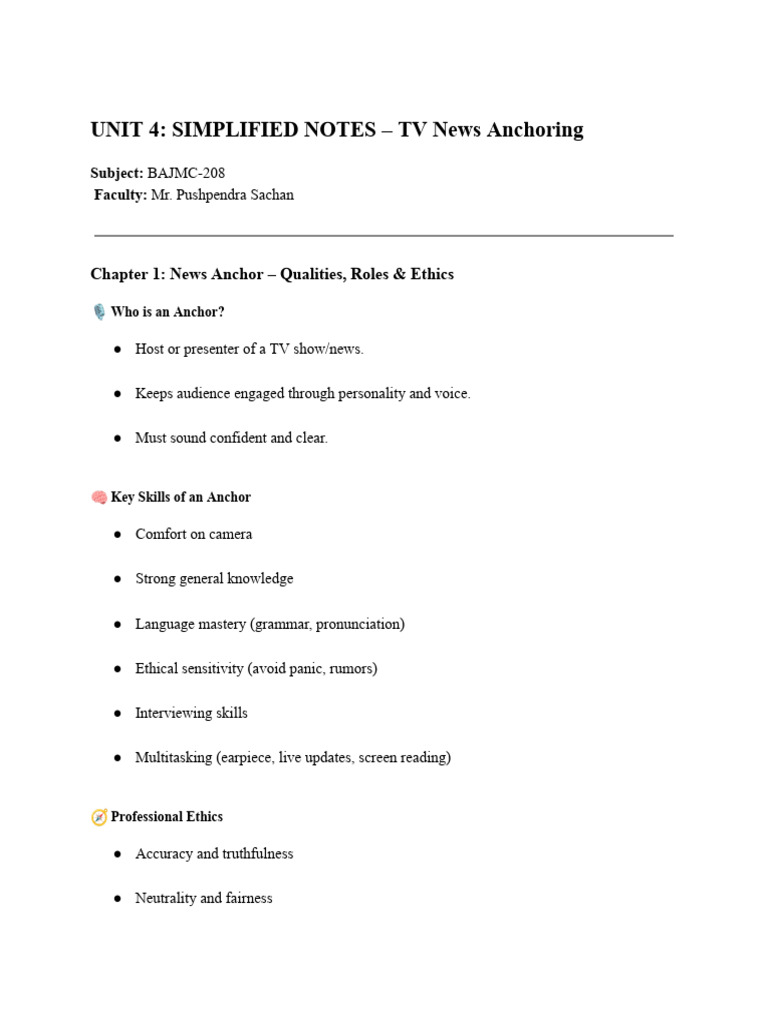 Unit 4_ Simplified Notes – Tv News Anchoring | PDF | Communication ...