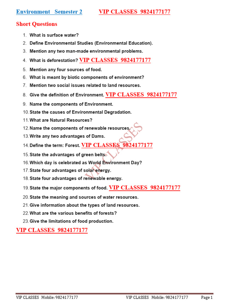 Environment IMP Eng Semester 2 VIP CLASSES | PDF | Natural Environment ...