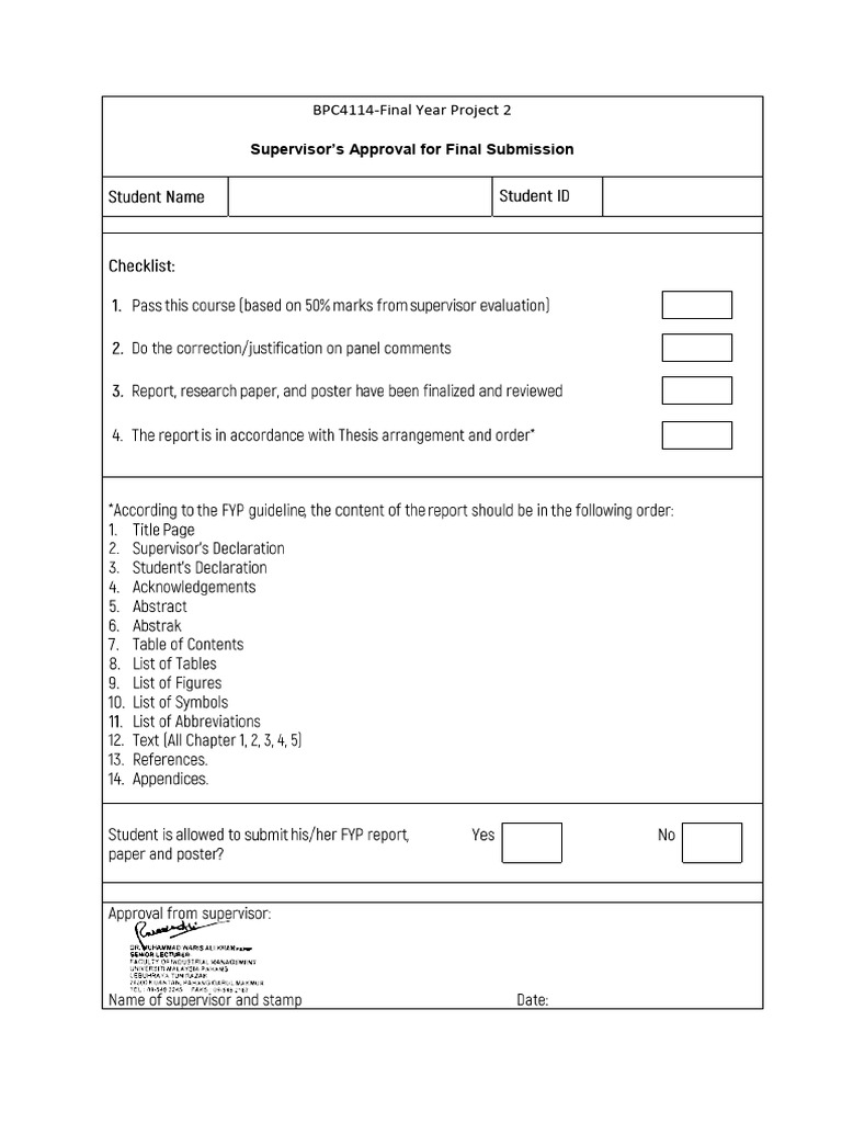 Supervisor Approval for Final Submission-FYP2- MOHD ROSLEE PB17067 | PDF