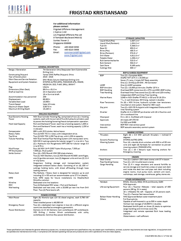 Frigstad Kristiansand Rig Specification | PDF | Crane (Machine)