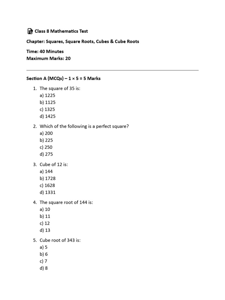 ? Class 8 Mathematics Test | PDF