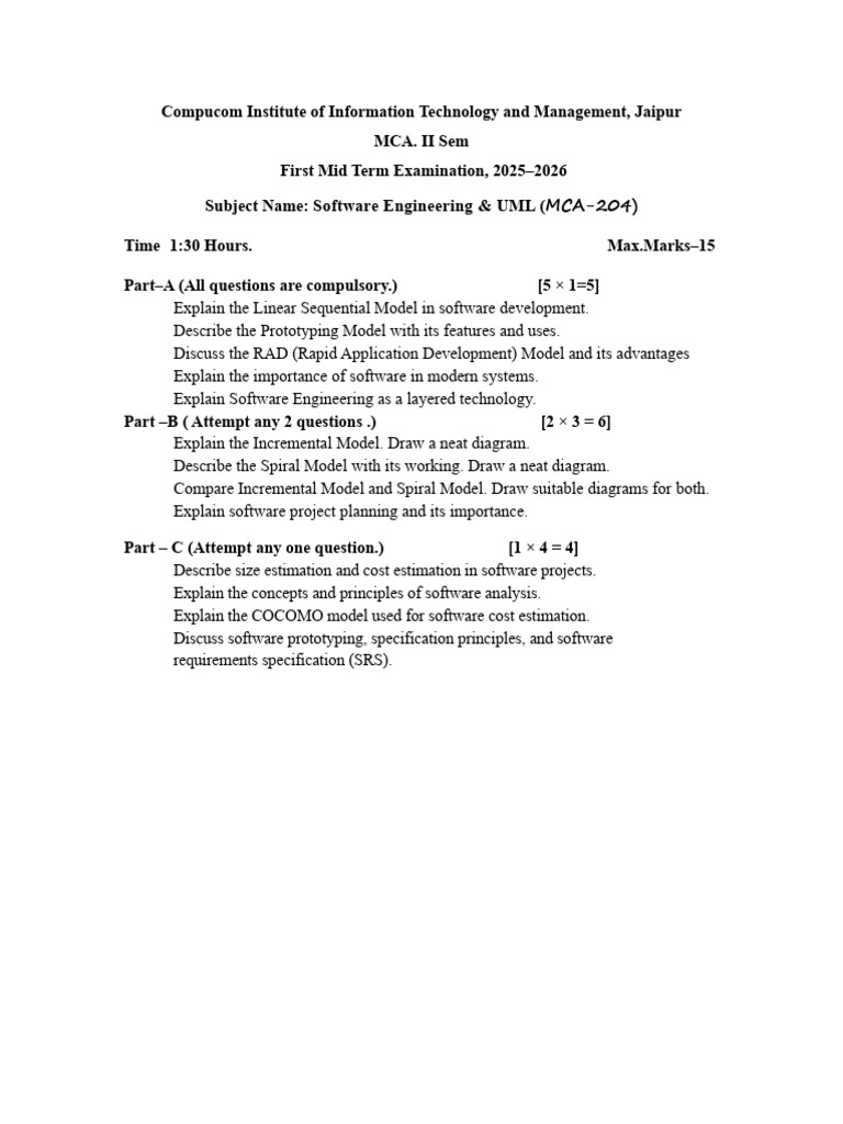 Mca 2nd Sem Updated SE QP | PDF