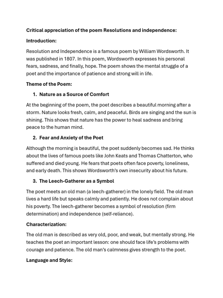 critical appreciation of the poem Resolutions and independence | PDF ...