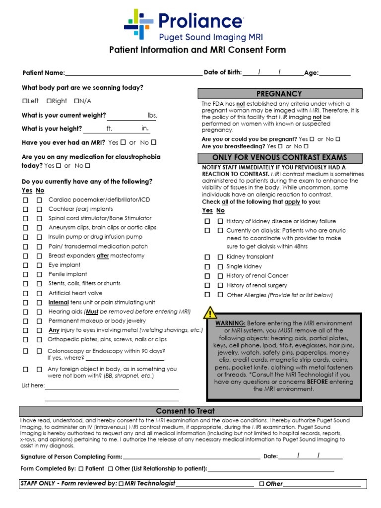 7 MRI Consent Form | PDF | Magnetic Resonance Imaging | Implant (Medicine)