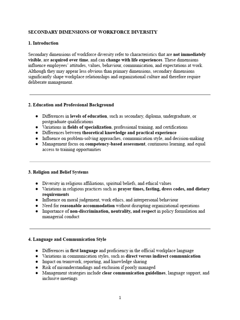 SECONDARY DIMENSIONS OF WORKFORCE DIVERSITY.docx | PDF | Diversity ...