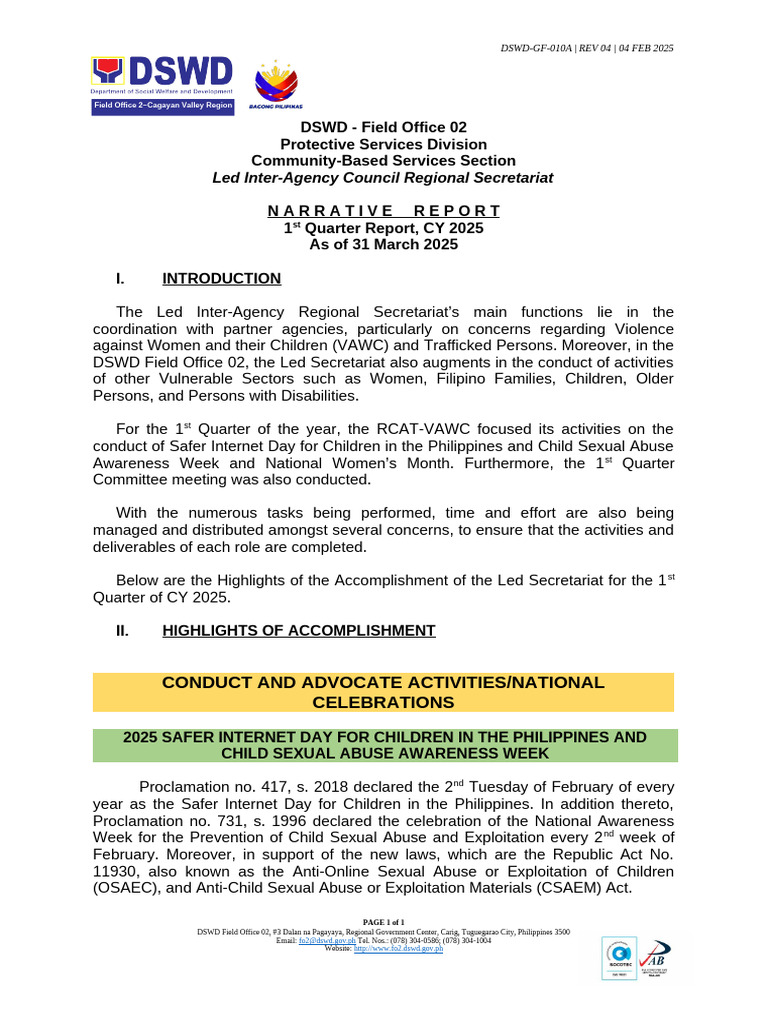 002 1st Quarter Accomplishment Report (1) | PDF | Social Policy